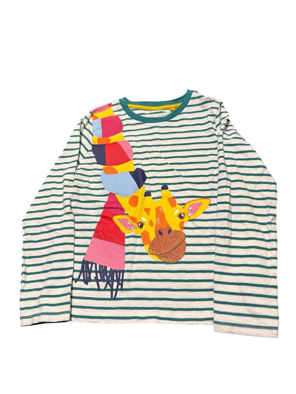 Mini Boden Striped LS top with colorful Giraffe appliqué, Size 8-9